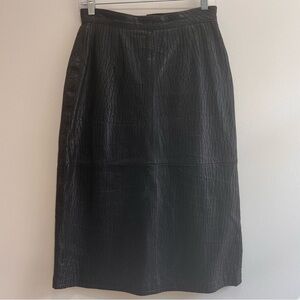 Gandalf Vintage 1970s 100% Leather Textured Midi Skirt, Black A-line Slit, 10